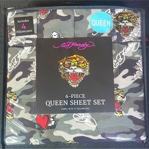 Ed Hardy Green Camo Deep Pocket 6-pc Queen Sheet Set  Tigers Hearts NEW NIP